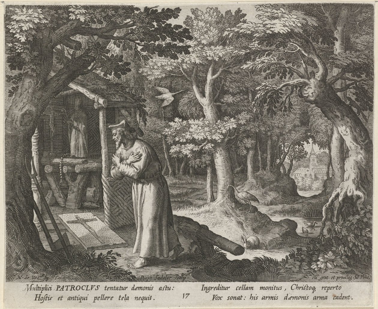 San Patroclo de Néris como ermitaño La vida virtuosa de los ermitaños (título de la serie) Trophaeum vitae solitariae (título de la serie) de Raphaël Sadeler (I)