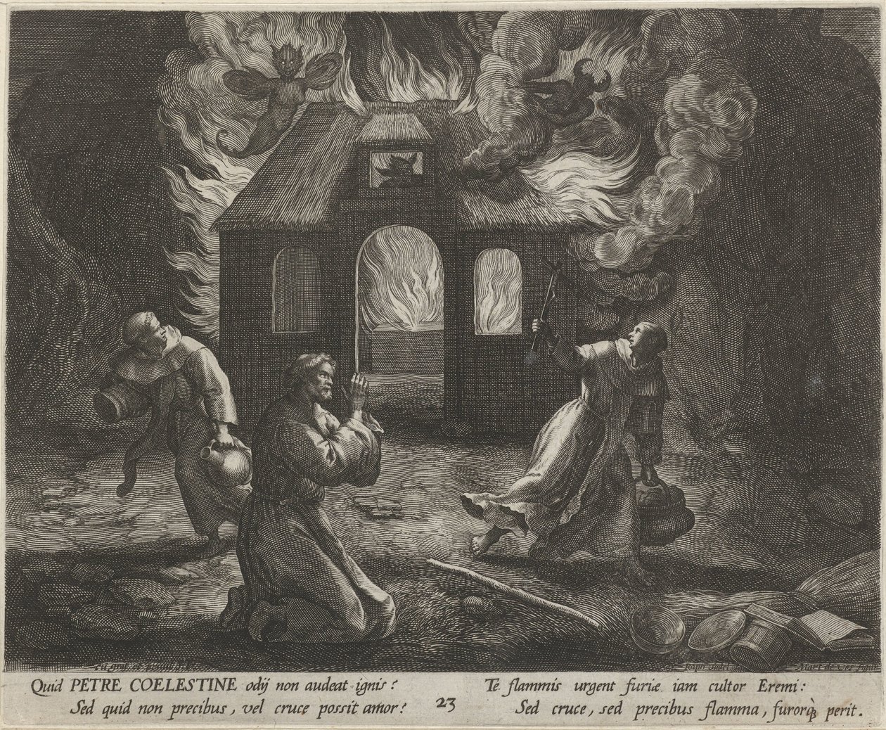 San Pedro Celestino como ermitaño La vida virtuosa de los ermitaños (título de la serie) Trophaeum vitae solitariae (título de la serie) de Raphaël Sadeler (I)