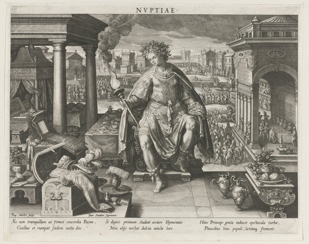 Nuptiae como personificación del matrimonio Nvptiae (título sobre el objeto) Principales actividades de un príncipe (título de la serie) Schema, seu speculum principum (título de la serie) de Raphaël Sadeler (I)