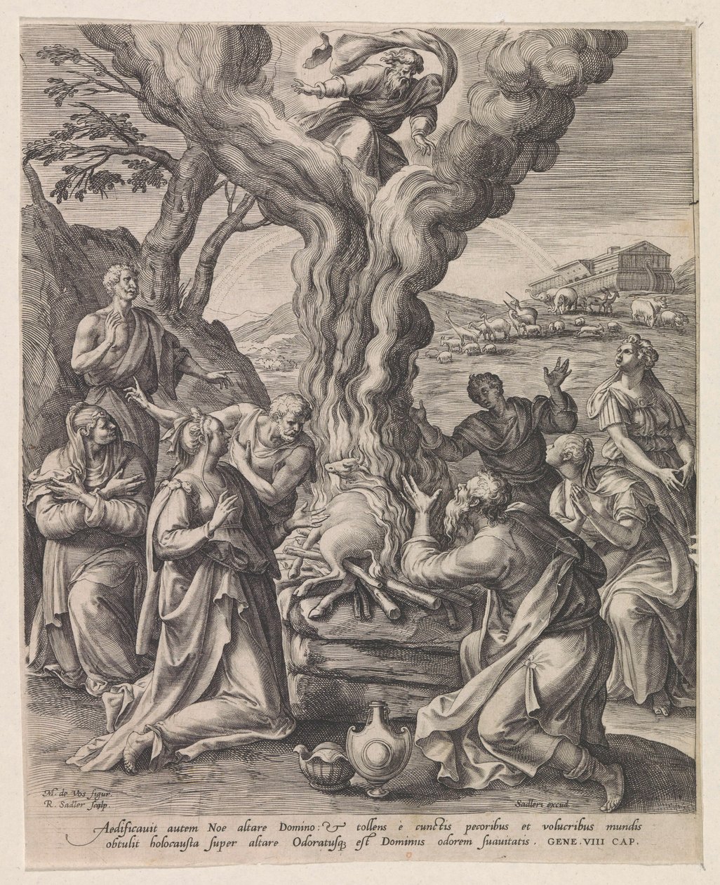 Sacrificio de Noé después del Diluvio Representaciones del Antiguo Testamento (título de la serie) de Raphaël Sadeler (I)