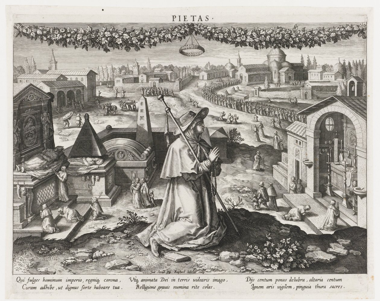 Pietas como la personificación de la piedad Pietas (título sobre el objeto) Principales actividades de un príncipe (título de la serie) Schema, seu speculum principum (título de la serie) de Raphaël Sadeler (I)