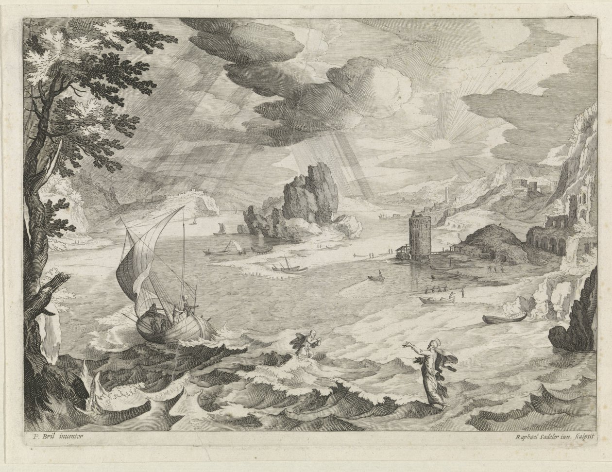 Marina con Cristo y sus discípulos en la tormenta en el mar de Galilea de Raphaël Sadeler (II)