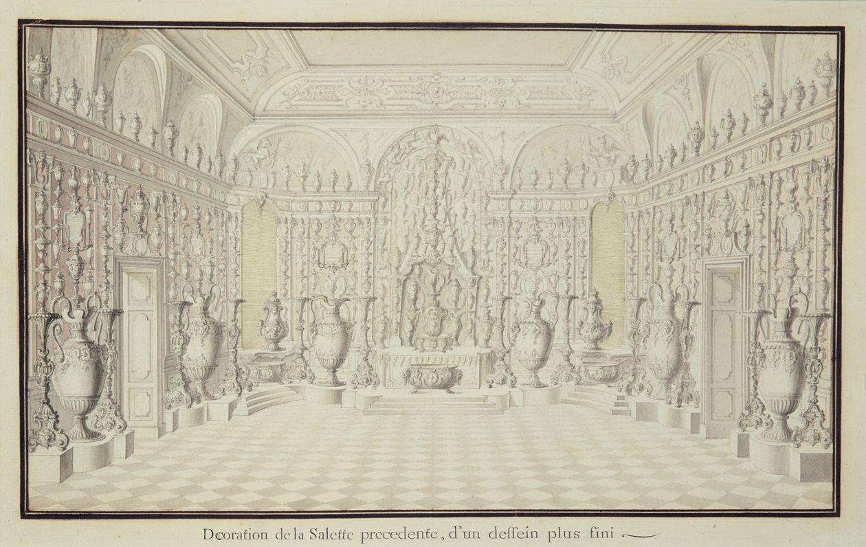 Pared de exhibición con jarrones de plata y oro en la Sala de la Torre del Palacio de Dresde de Raymond Leplat
