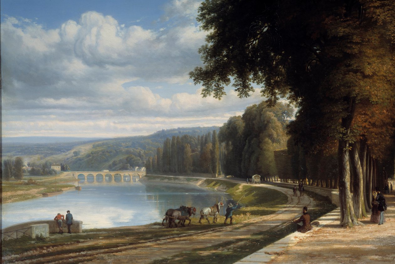 Paseo al Parque de Saint Cloud Detalle a orillas del Sena, caballos en el camino de sirga. Pintura de Raymond Esbrat (1809-1856) 1850 Roanne. Museo Joseph Dechelette de Raymond Esbrat