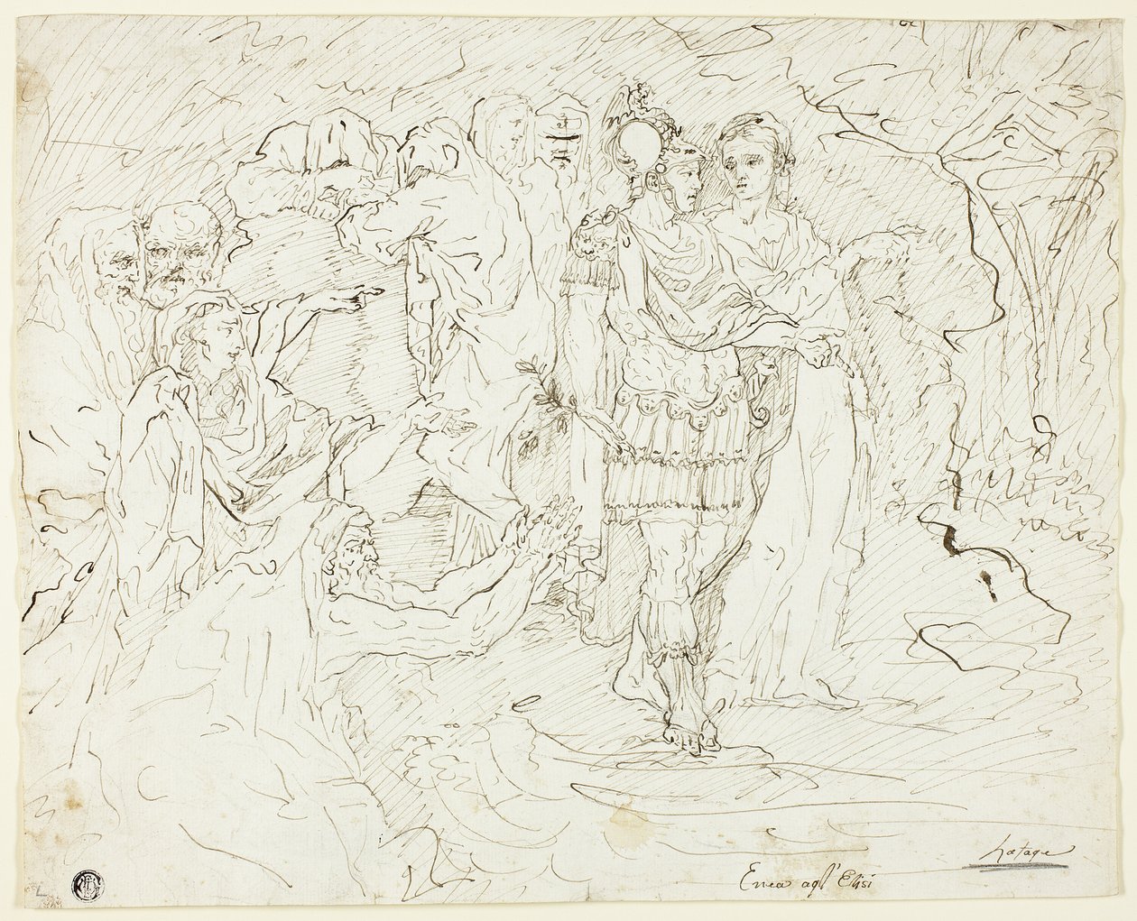 Eneas en los Campos Elíseos (anverso); Bocetos de grupos de figuras (reverso) de Raymond de Lafage