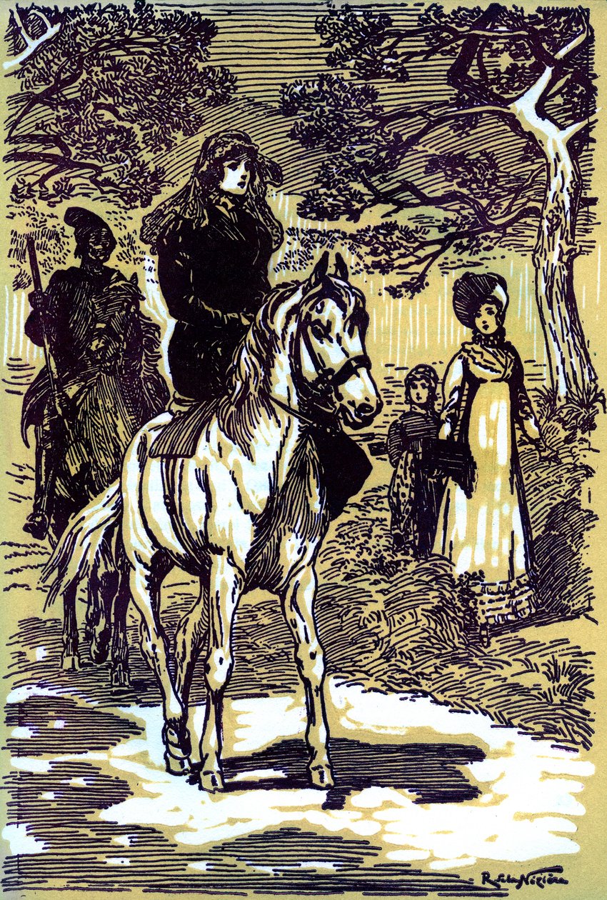 Colomba vestida de luto, a caballo, seguida de un campesino corso de Raymond de la Neziere