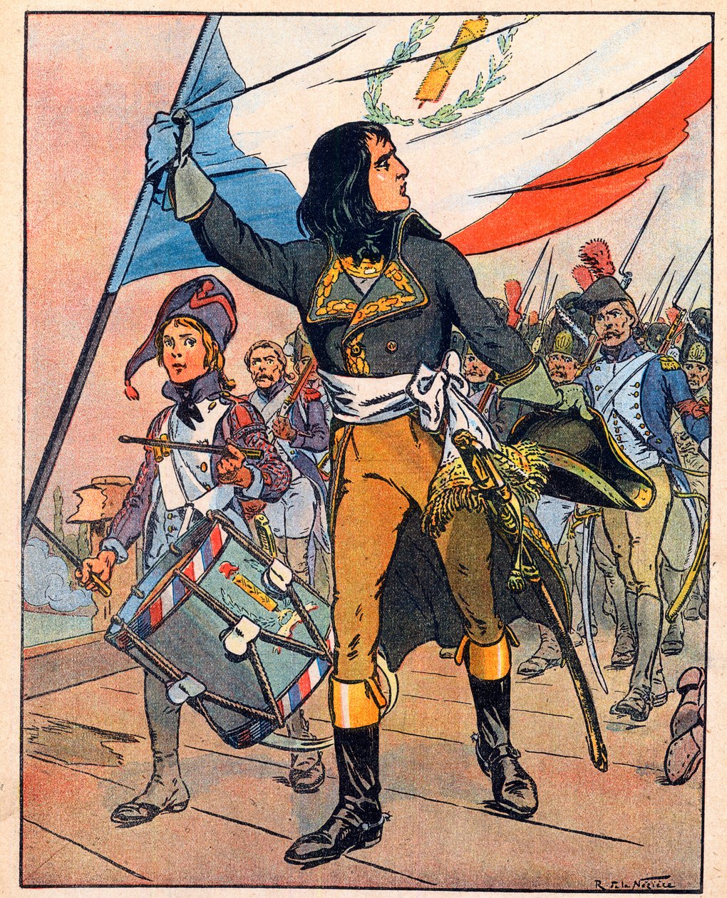 Primera campaña italiana: Napoleón Bonaparte (1769-1821) en la batalla del puente de Arcole, noviembre de 1796" tomado de "Nos-Gloires-Nationales" c.1920 (grabado) de Raymond de la Neziere