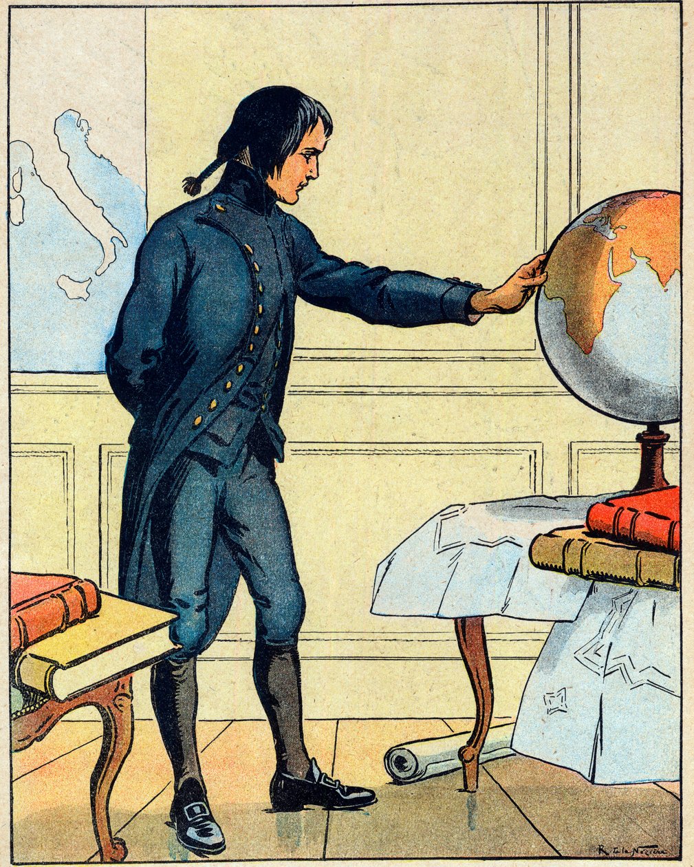 Napoleón Bonaparte (1769-1821), consulta un globo terráqueo en la escuela de Brienne a la edad de 19 años, tomado de "Nos-Gloires Nationales" c.1920 (grabado) de Raymond de la Neziere