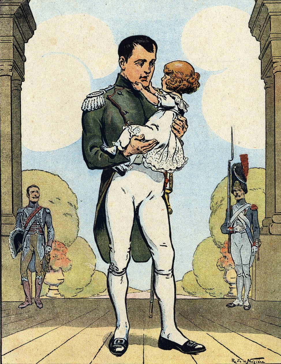 Retrato del Emperador Napoleón I (1769-1821) con su hijo el Aiglon (1811-1832) (Rey de Roma Napoleón II, Duque de Reichstadt) (Emperador francés Napoleón I con su hijo Napoleón II) Ilustración de Raymond de Neziere en "Our-Glories-Nationales" 1920 DR Pri de Raymond de la Neziere