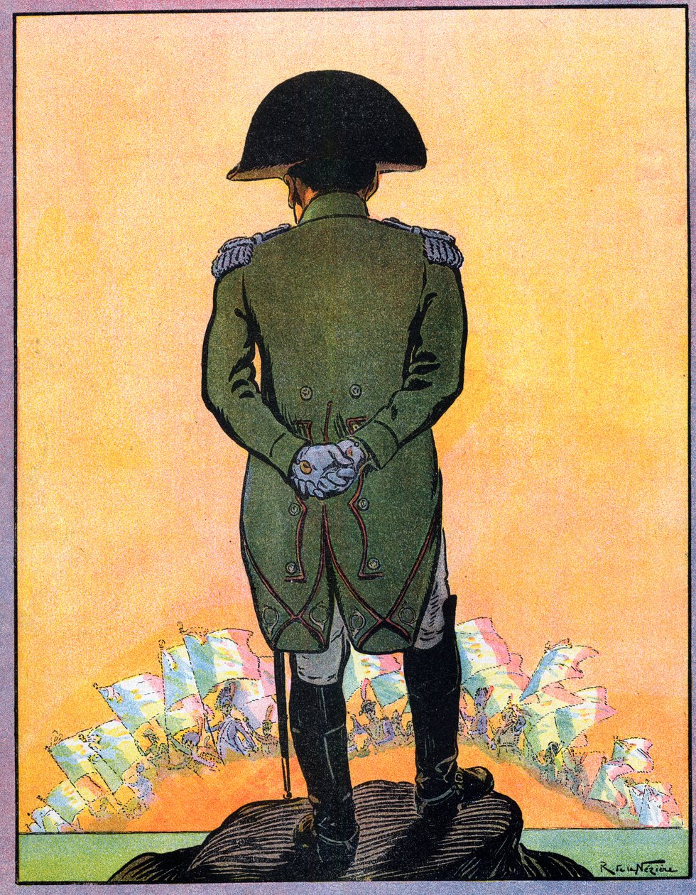 Retrato de Napoleón I (1769-1821) en la isla de Santa Elena. Napoleón I en la isla de Santa Elena (Sainte-Helene) de "Nos-Gloires-Nationales" c.1920 (grabado). de Raymond de la Neziere