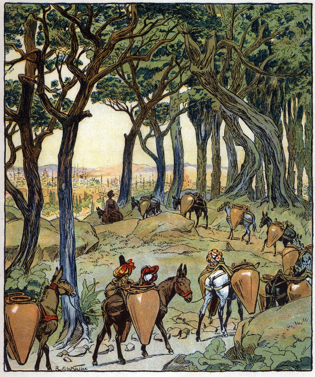 Toda la caravana tomó el camino de la ciudad: ilustración del cuento "Aladino o la lámpara maravillosa" de "Las mil y una noches". de Raymond de la Neziere