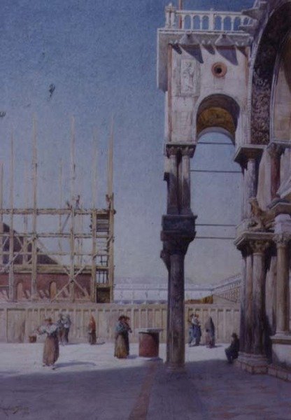 Vista desde el pórtico de San Marcos en Venecia, mostrando la reconstrucción del campanario, 1908 de Reginald Barratt