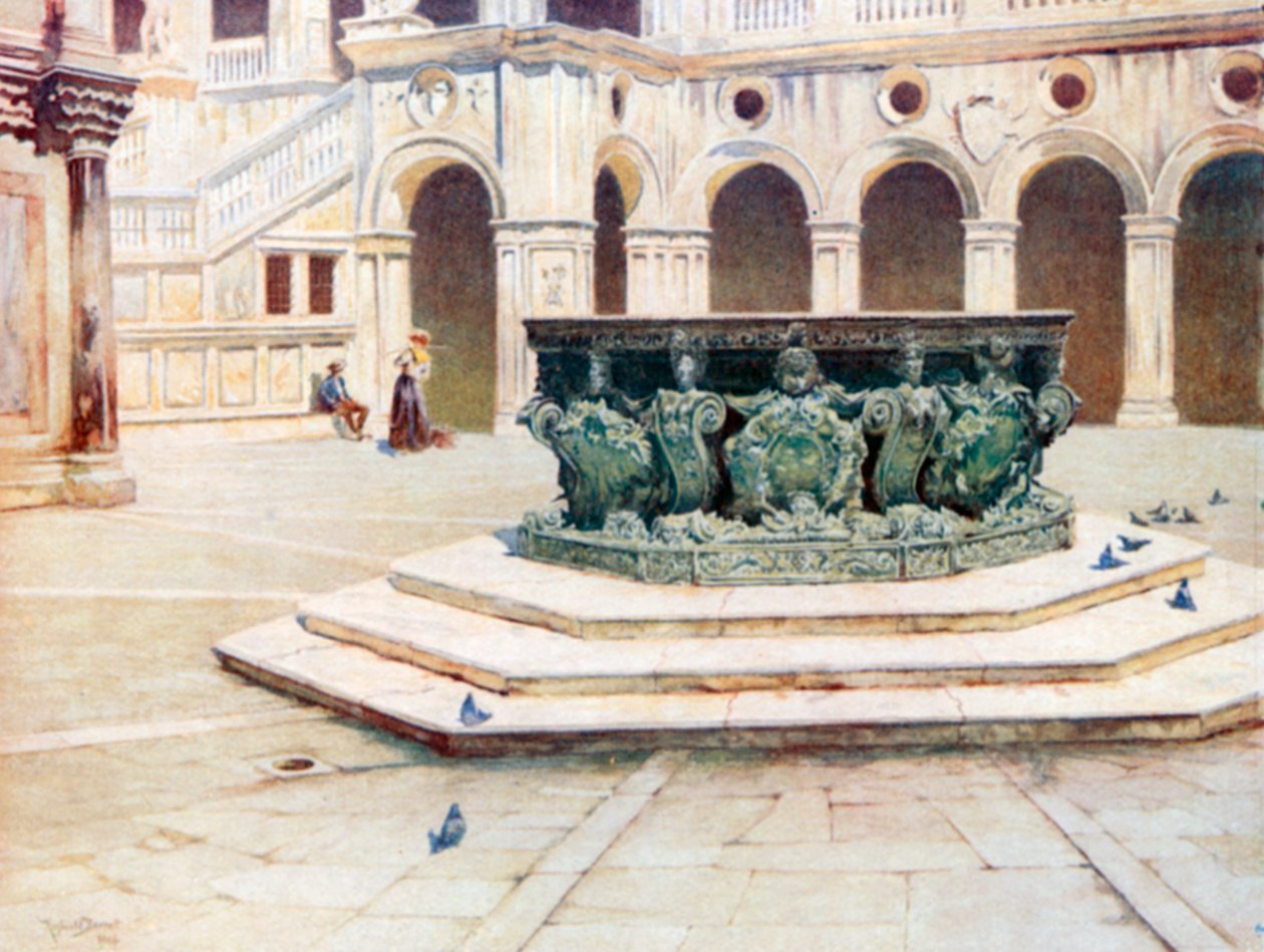 Cabeza de pozo de bronce de Alberghetti, Patio del Palacio Ducal (litografía en color) de Reginald Barratt