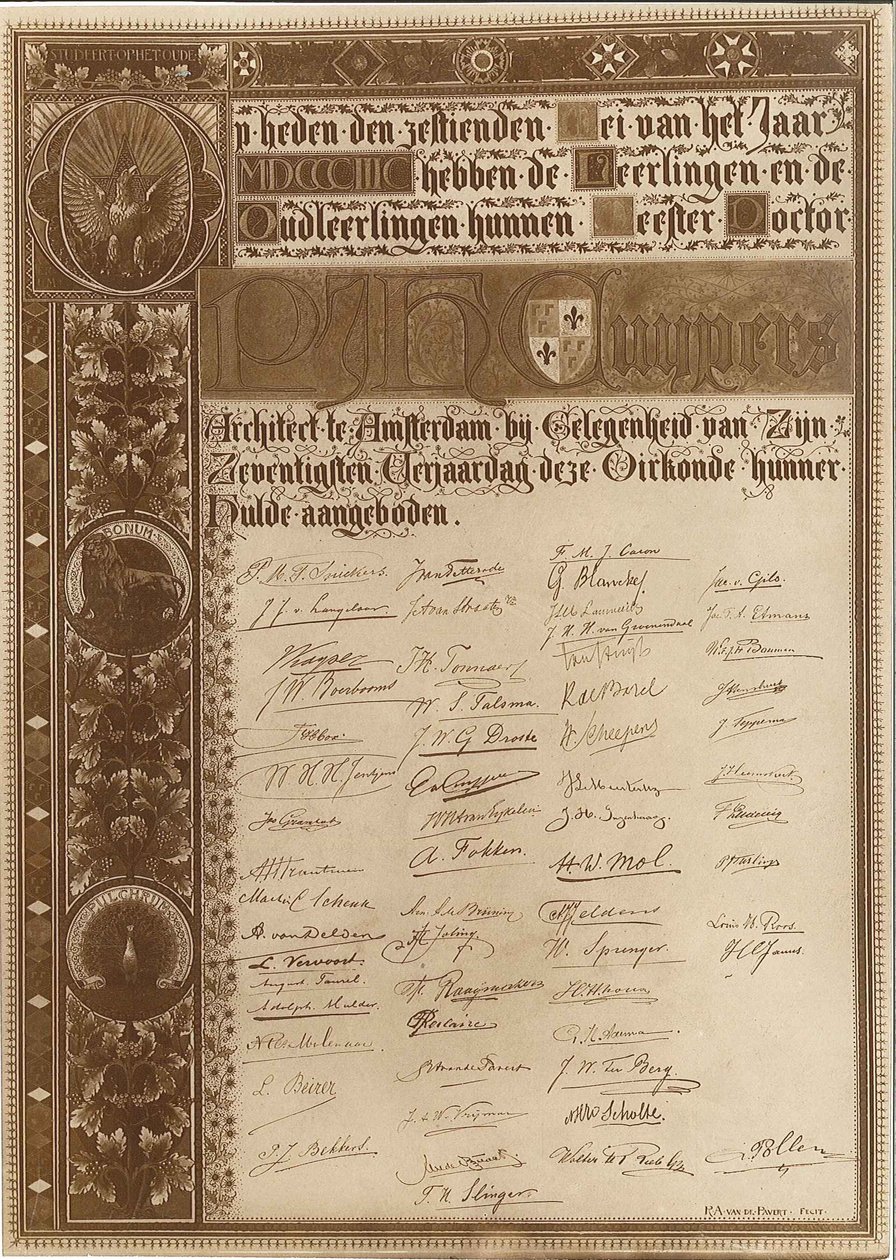 Hoja conmemorativa del 70 cumpleaños de Pierre Cuypers de Reinerus Antonius de van Pavert