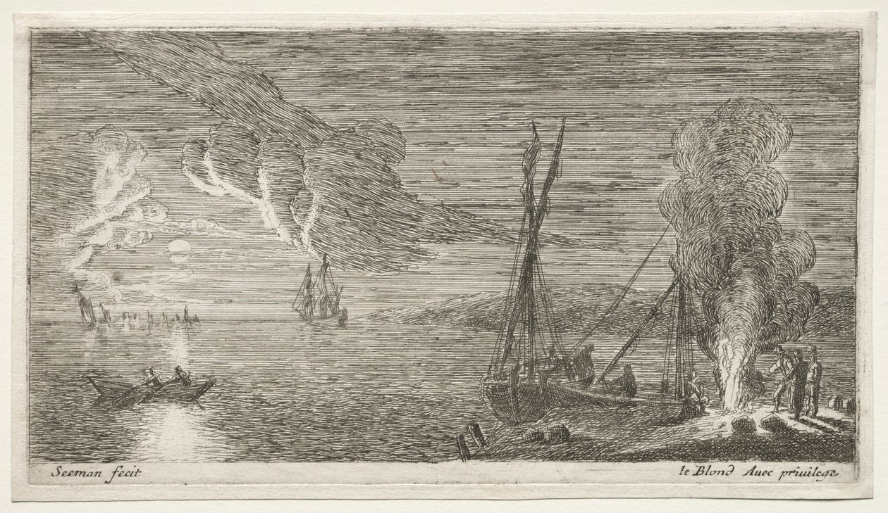 Una hoguera y luz de luna de Reinier Nooms