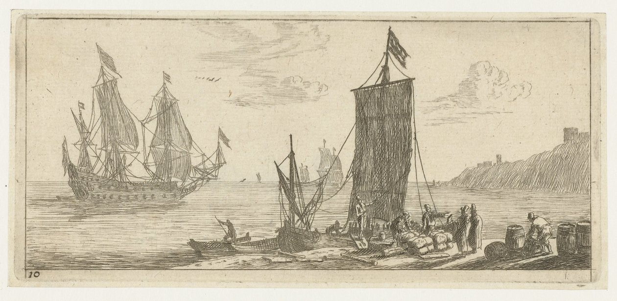 Bahía con un esquinero y un buque de guerra. Varios Embarquements et autre Faicts (título de la serie) Varias embarcaciones y similares (título de la serie) de Reinier Nooms