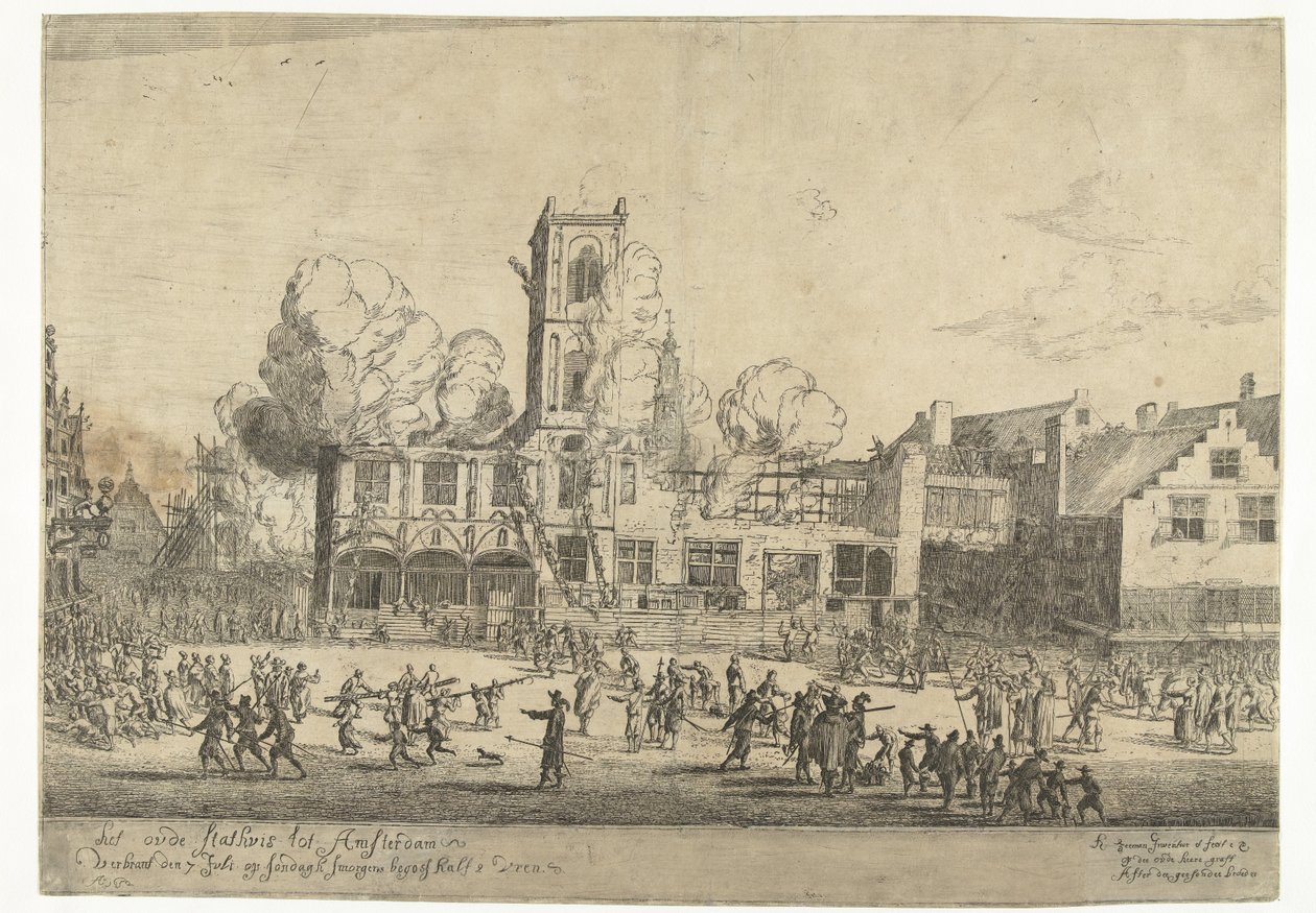 Incendio del antiguo Ayuntamiento de Amsterdam El antiguo Ayuntamiento de Amsterdam se quemó el 7 de julio el domingo por la mañana a las dos y media Ao 1652 (título sobre el objeto) de Reinier Nooms