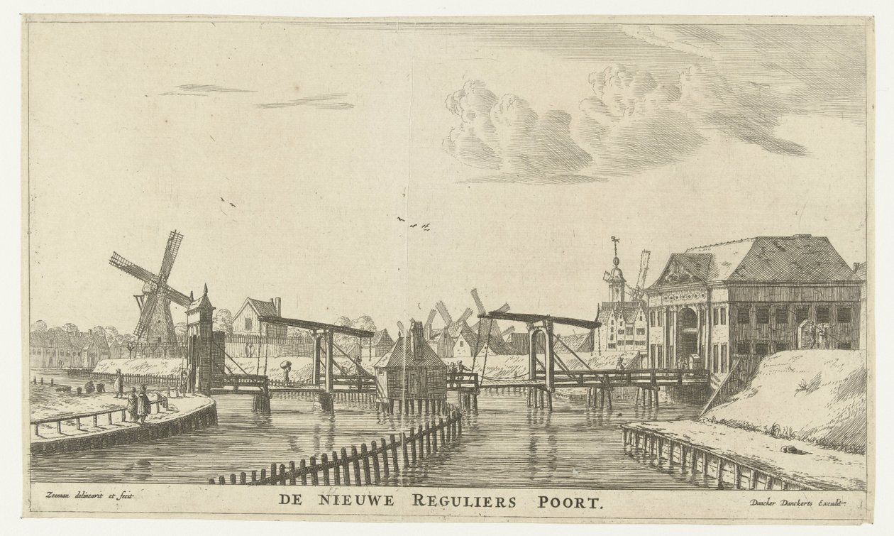 Vista del Tercer Regulierspoort en Amsterdam El nuevo Regular Gate (título sobre el objeto) Puertas de la ciudad de Ámsterdam (título de la serie) Nuevas y deslumbrantes imágenes de las puertas de la ciudad de Ámsterdam sacadas a la luz por R.N. Marinero ( de Reinier Nooms