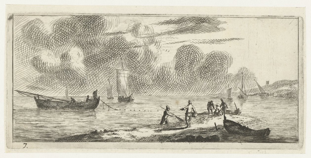 Costa con hombres pescando en aguas poco profundas Varios Embarquements et autre Faicts (título de la serie) Varias embarcaciones y similares (título de la serie) de Reinier Nooms