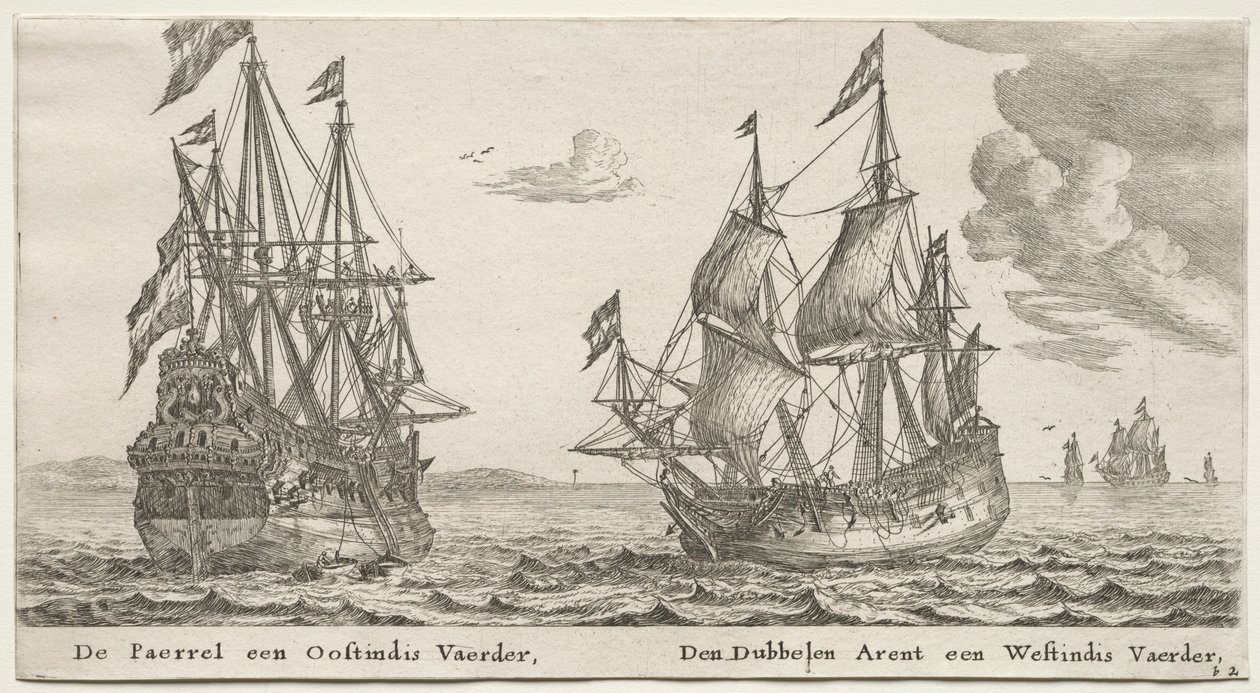 Barcos de Ámsterdam: La Perla y East Indiaman, El Águila Doble, un West Indiaman de Reinier Nooms