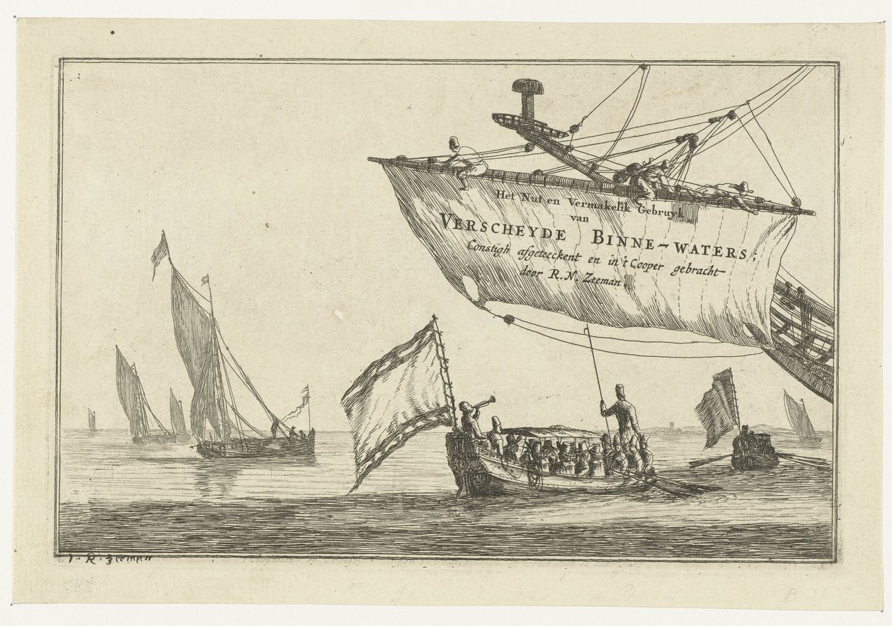 Statensloop y veleros en aguas tranquilas La tuerca y el uso entretenido de Versheyde Binne-Waters; Constigh removió y trajo a Cooper por R.N. Marinero (título de la serie sobre el objeto) Vías navegables interiores (título de la serie) de Reinier Nooms