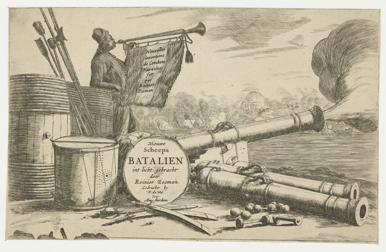 Portada con el equipamiento de un buque de guerra y un trompetista Nouvelles invents de Combats Navaeles de Reinier Zeeman (título sobre el objeto) Nieuwe Scheeps Batalien sacado a la luz por Reinier Zeeman (título sobre el objeto) Nuevo Barco Batali de Reinier Nooms