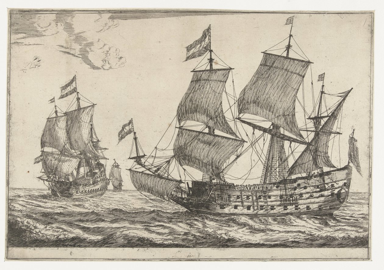 Dos grandes buques de guerra Trece escenas con barcos (título de la serie) de Reinier Nooms