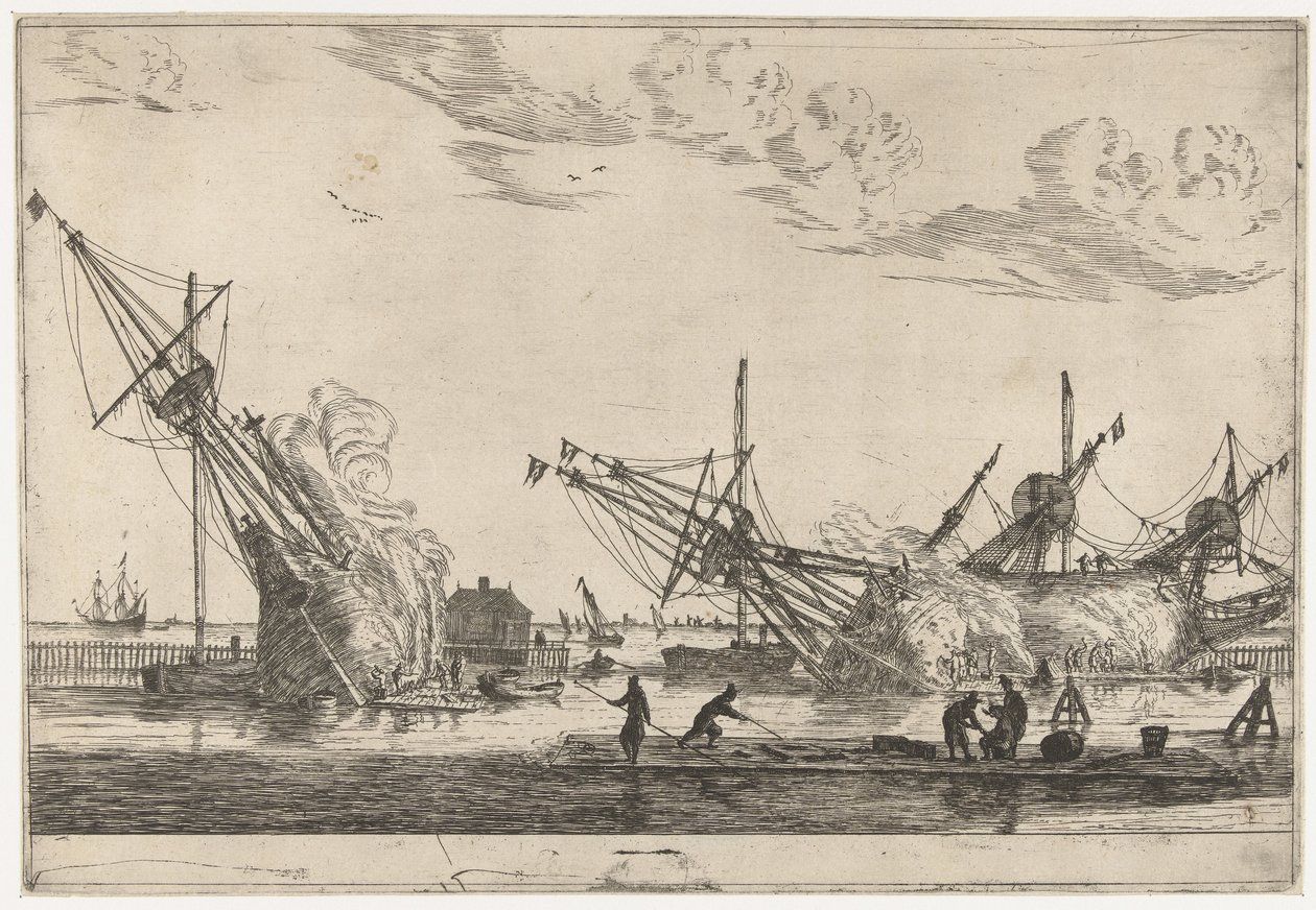 Impermeabilización de los cascos de tres barcos de flauta Trece escenas con barcos (título de la serie) de Reinier Nooms