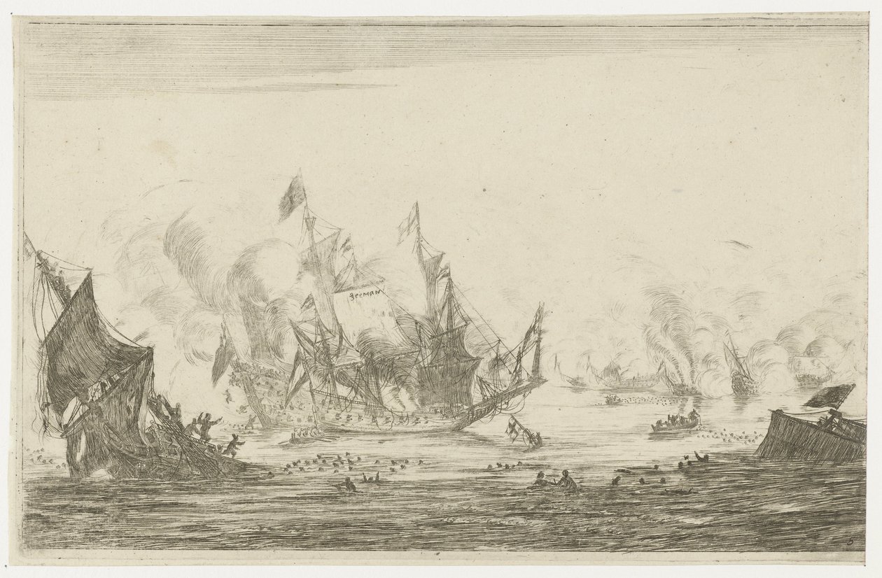 Batalla naval con un barco que se hunde New Ship Batalien (título de la serie) de Reinier Nooms