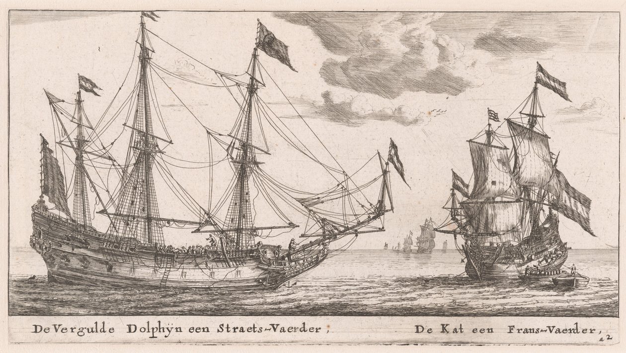 El "Vergulde Dolphyn," un Gran Buque Mercante, y el "Kat," una Fluta de Reinier Nooms, called Zeeman