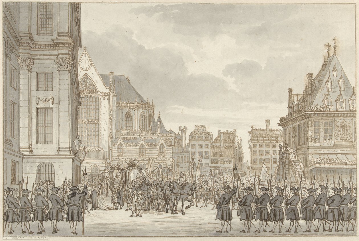 Llegada del Príncipe Guillermo V y Frederica Sophia Wilhelmina de Prusia al Ayuntamiento en la Plaza Dam en Amsterdam, 30 de mayo de 1768 de Reinier Vinkeles (I)