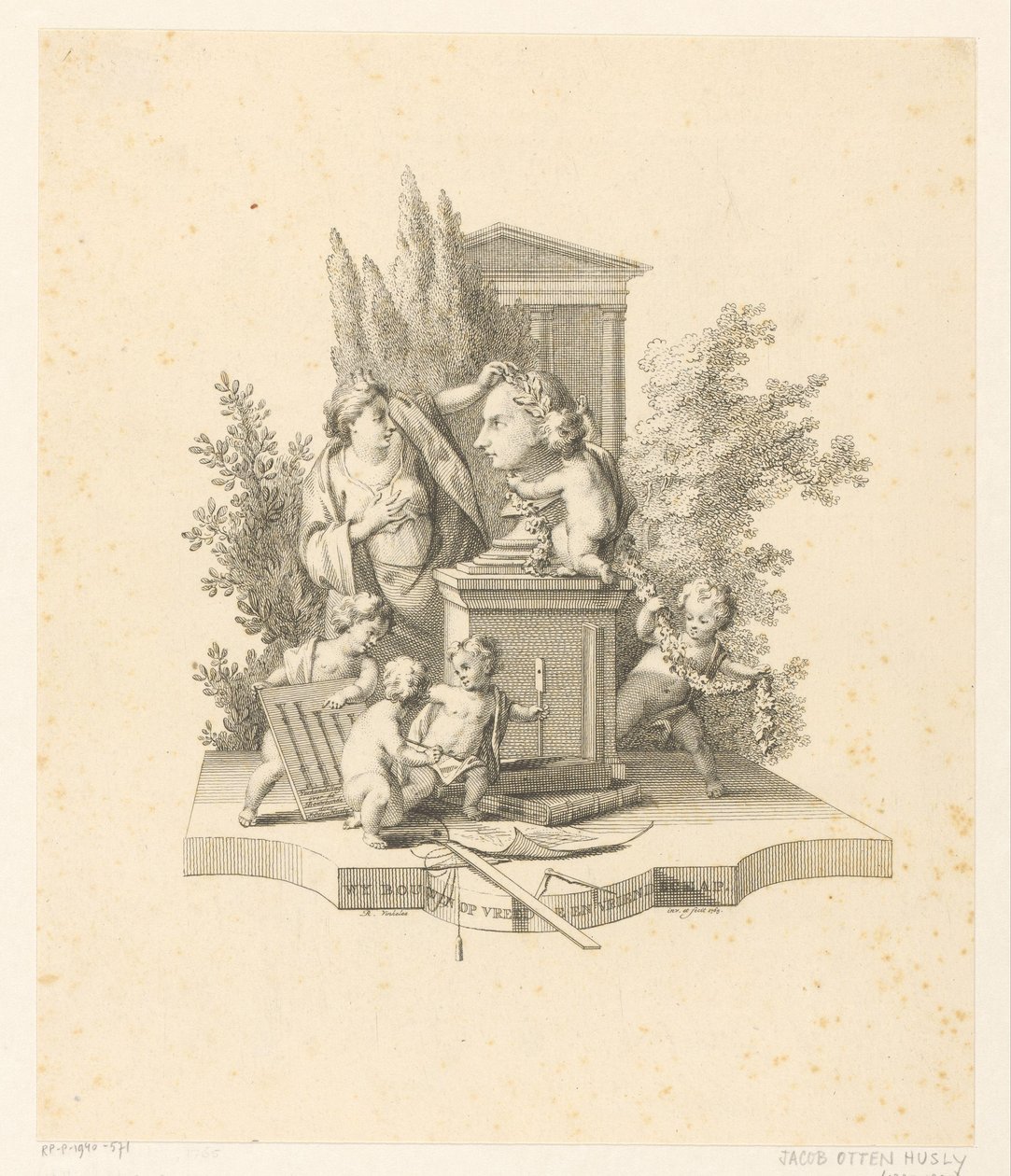 Representación alegórica con un busto de Jacob Otten Huslij de Reinier Vinkeles (I)