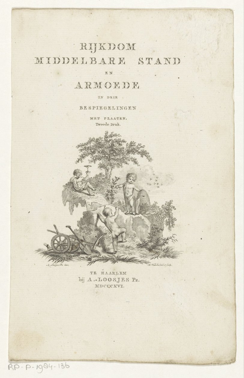 Tres amorcillos con atributos en un paisaje de montaña Página de título para: Adriaan Pietersz. Loosjes, Riqueza de la clase media y pobreza en tres reflexiones, 1816 de Reinier Vinkeles (I)