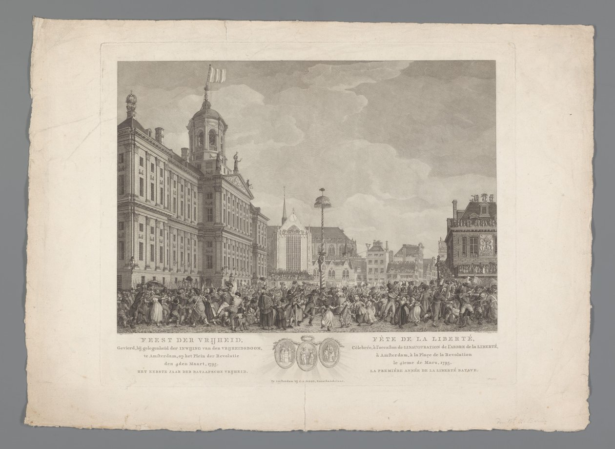 Fiesta de la Libertad en la Plaza Dam de Ámsterdam, 4 de marzo de 1795
Fiesta de la Libertad, celebrada con motivo de la dedicación del Árbol de la Libertad, en Ámsterdam, en la plaza de la Revolución, el 4 de marzo de 1795. El primer año de la Libertad d de Reinier Vinkeles (I)