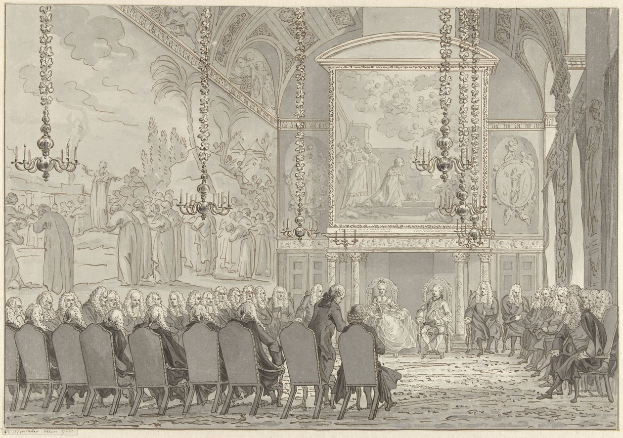 Recepción del Príncipe Guillermo V y Guillermina de Prusia en la Sala del Consejo del Ayuntamiento de Amsterdam de Reinier Vinkeles (I)