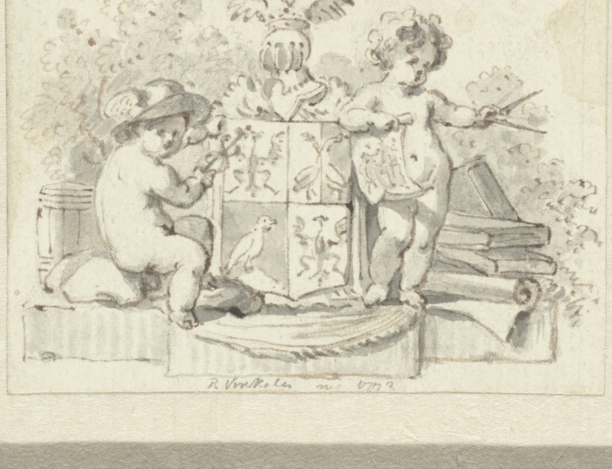 Dos putti, con brújula y aesculap, en el escudo de armas de la familia Schoemaker de Reinier Vinkeles (I)