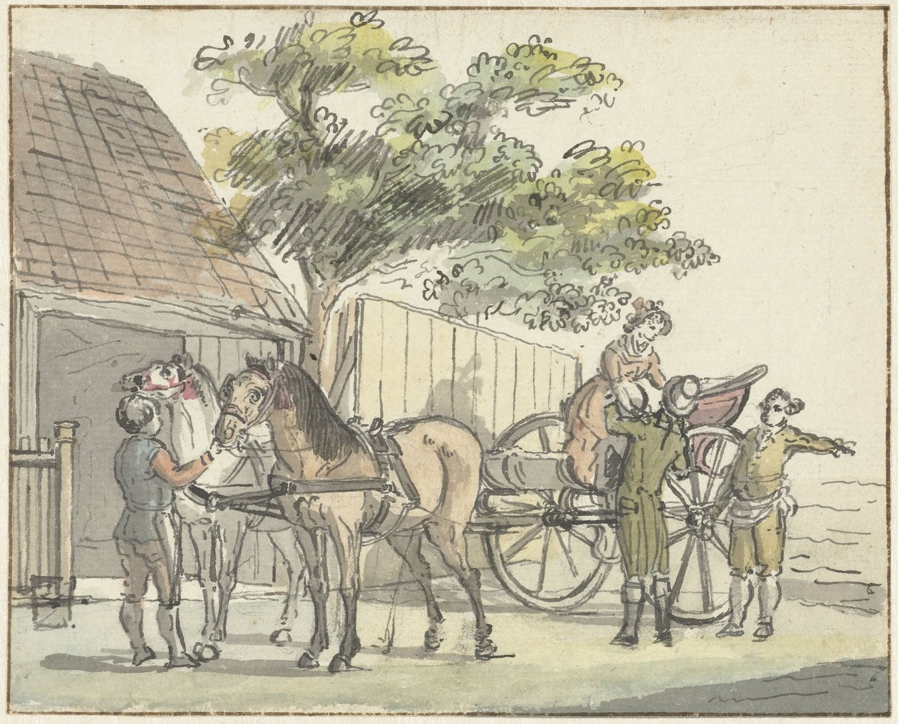 Vagón con dos caballos en el restaurante De Donkere Kuil cerca de Haarlem de Reinier Vinkeles (I)