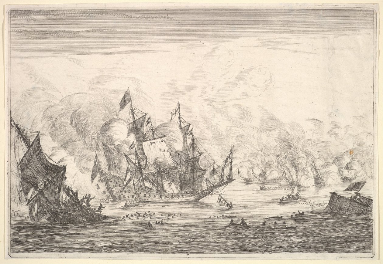 Batalla Naval con un Barco Inglés Naufragando a la Izquierda, de Batallas Navales Nieuwe de Reinier Zeeman