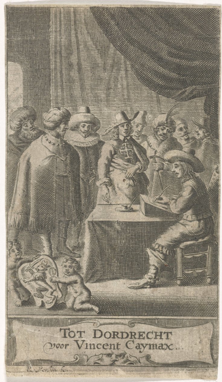 Comerciante en el escritorio Página de título para: J. van der Does e.a., Verscheyde voyagien, ofte reysen, 1652 de Reinier van Persijn