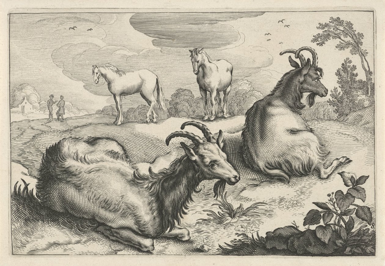 Paisaje con dos cabras y dos caballos. Diversa Animalia Quadrupedia (título de la serie) de Reinier van Persijn