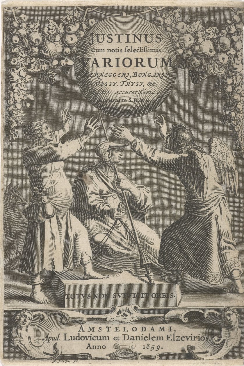 Minerva en twee geketende figuren Titelpagina voor: A. Thysius, Justinus cum notis selectissimis variorum Berneggerj, Bongarsy, Vossy, Thysy, &c, 1659 de Reinier van Persijn