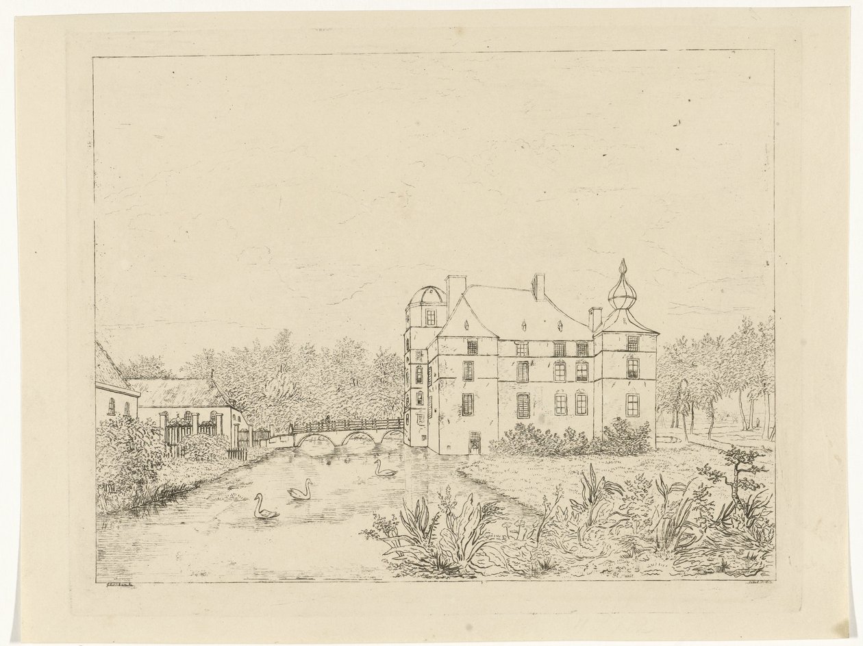 Vista lateral del castillo de Cannenburch con casas en el puente de entrada de Reinierus Albertus Ludovicus baron van Isendoorn à Blois