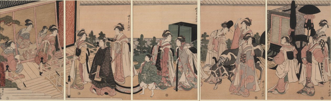 Mitate Procesión de asistentes de palacio llegando a una mansión de Chōkyōsai Eiri