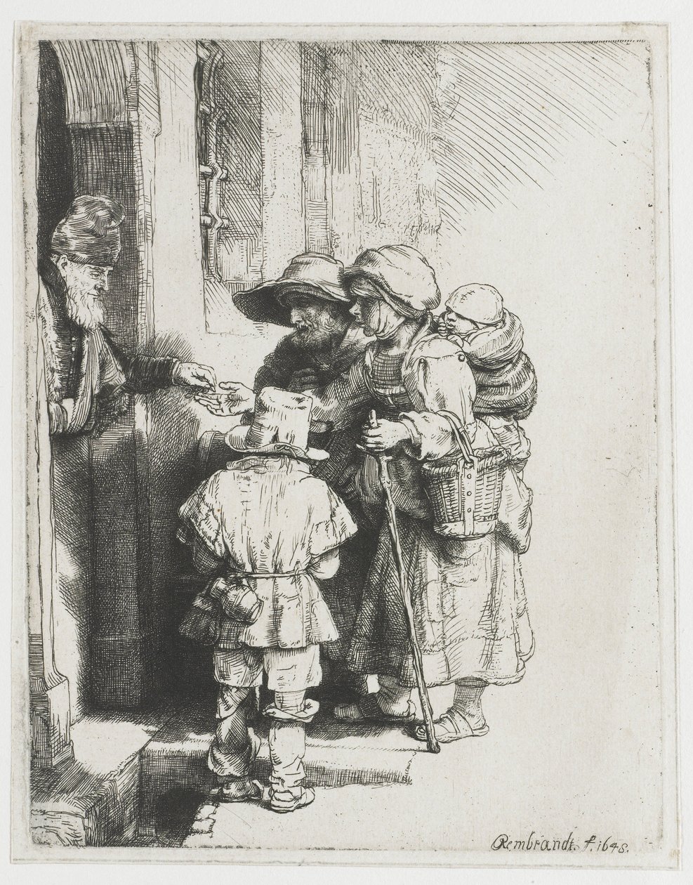Un jugador de organillo ciego y su familia recibiendo limosnas de Rembrandt van Rijn
