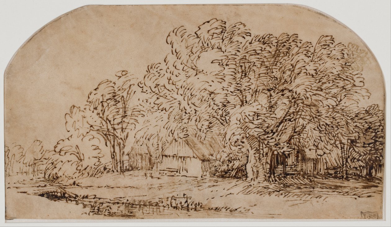 Paisaje con cabañas bajo árboles altos de Rembrandt van Rijn