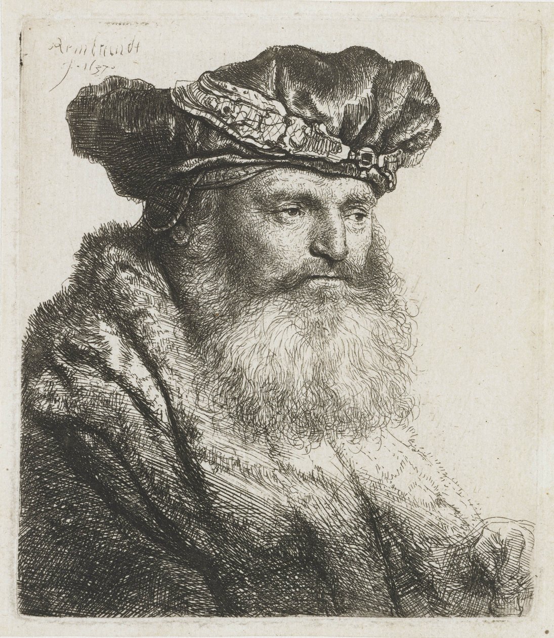 Hombre barbudo con boina de terciopelo con broche de joya, 1637 de Rembrandt van Rijn