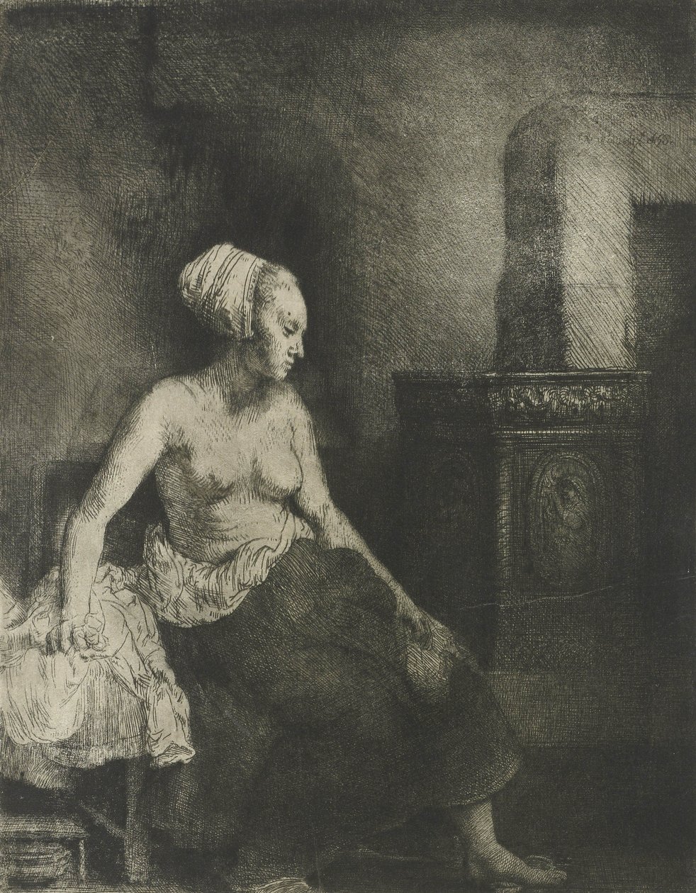 Mujer semidesnuda en una estufa, 1658 de Rembrandt van Rijn