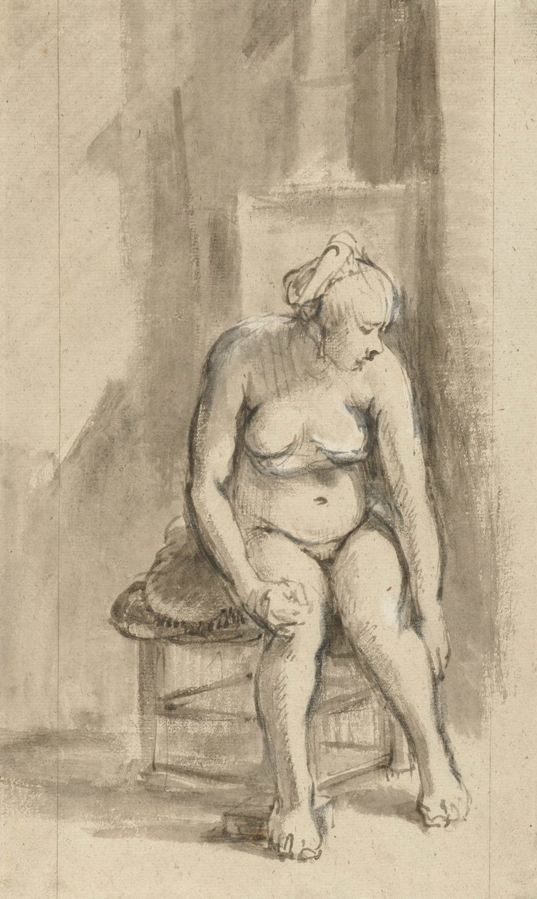 Mujer desnuda sentada junto a una estufa, c.1660-62 de Rembrandt van Rijn