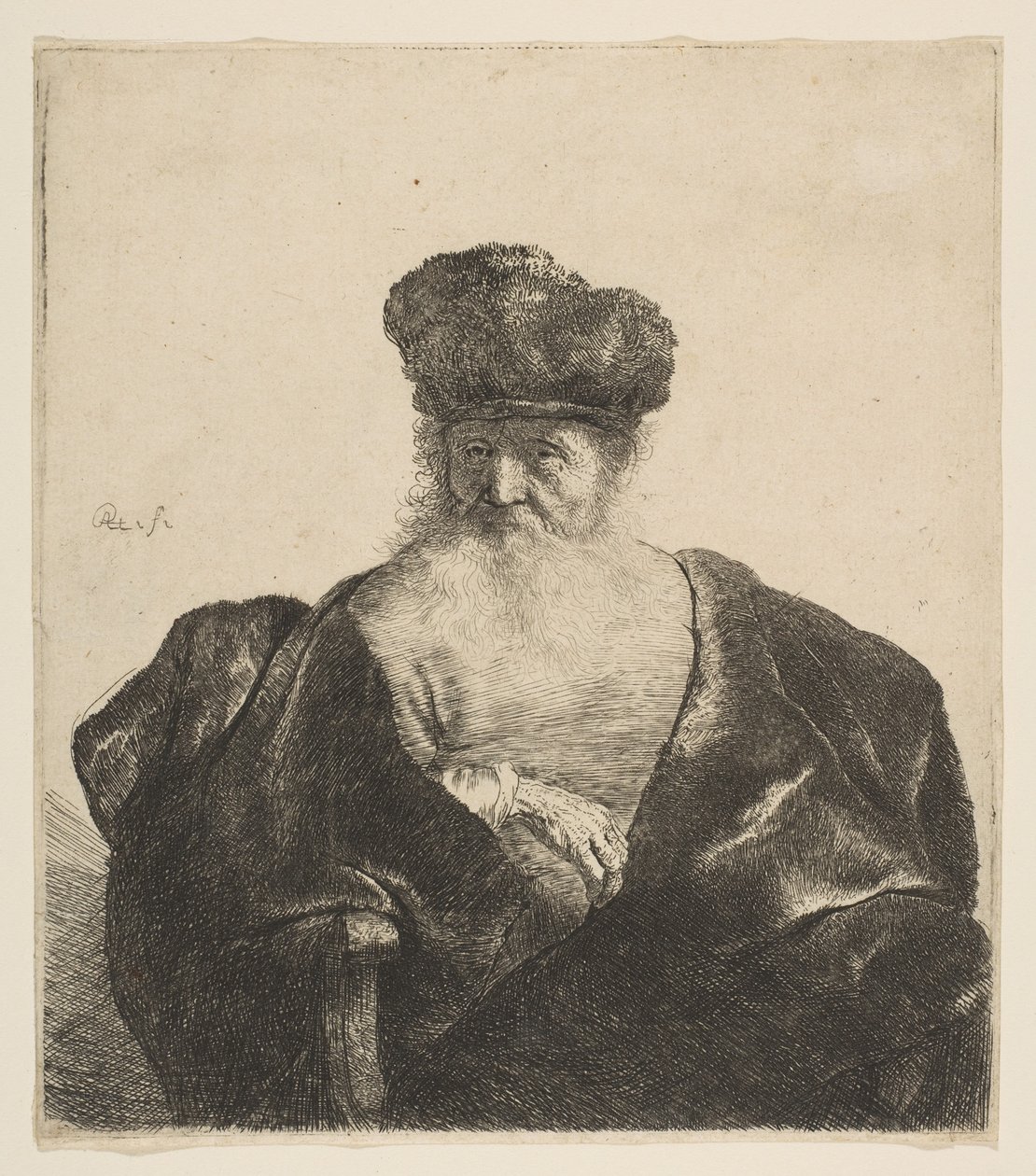 Viejo con Barba, Gorro de Piel y Capa de Terciopelo de Rembrandt van Rijn
