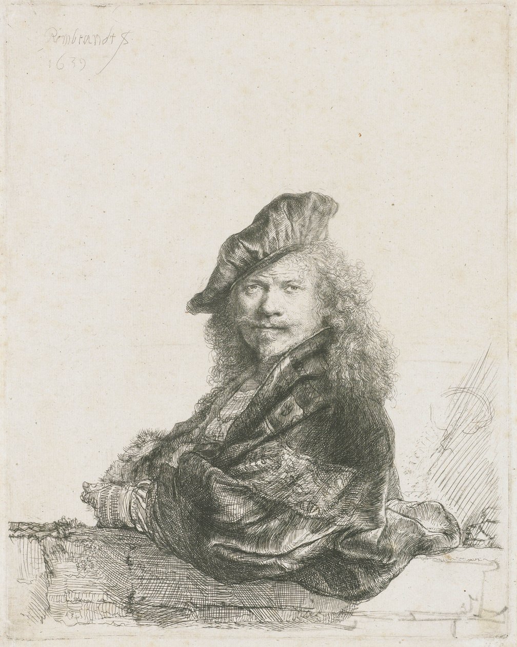 Autorretrato apoyando el antebrazo en una pared, 1639 de Rembrandt van Rijn